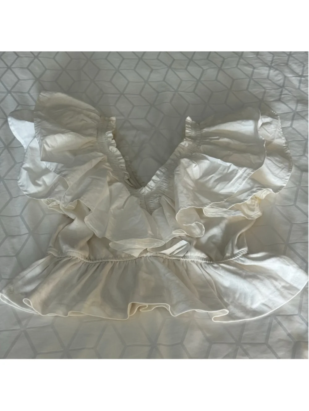 Zara White Ruffle Poplin Crop Top Smocked V-Neck Puff Sleeve Peplum Blouse Size